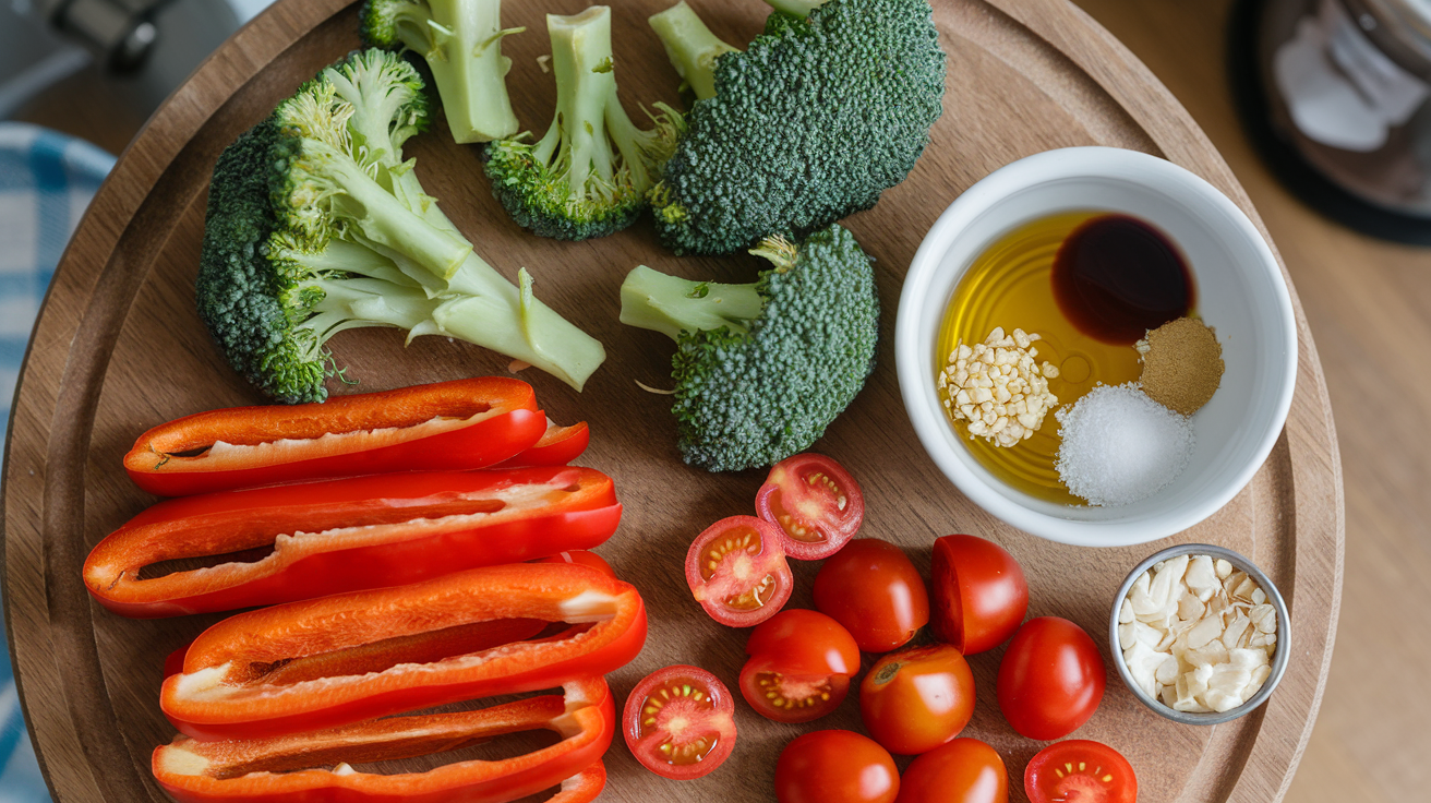Overhead view of ingredients for broccoli pasta salad including raw broccoli, bell pepper, tomatoes, and vinaigrette ingredients