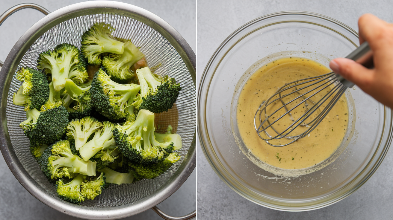 Step-by-step process showing blanched broccoli florets and prepared vinaigrette being whisked in a clear bowl