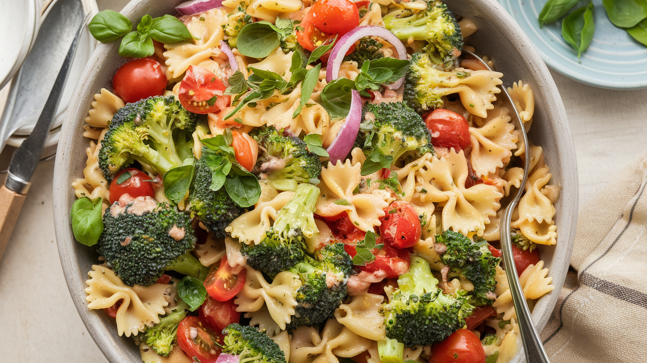 Beautiful broccoli pasta salad ready to serve, showing colorful vegetables mixed with pasta and herbs, with serving spoon in bowl