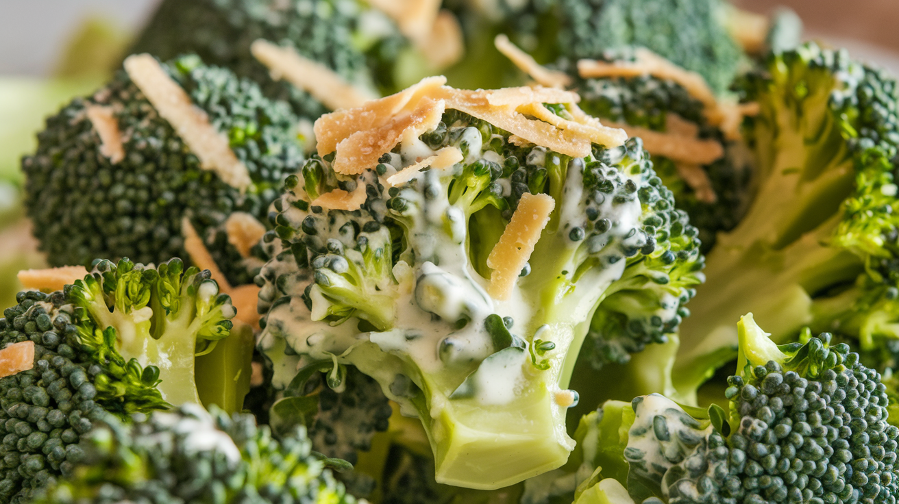 Close-up detail of broccoli florets coated in creamy vinaigrette with Parmesan cheese and fresh herbs