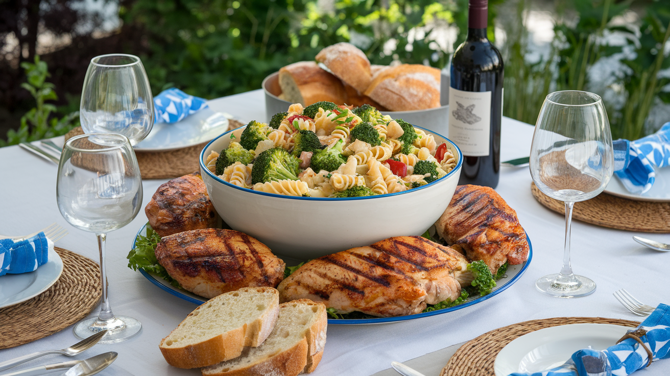 Family-style serving scene with broccoli pasta salad in large bowl surrounded by grilled chicken and fresh bread on summer table