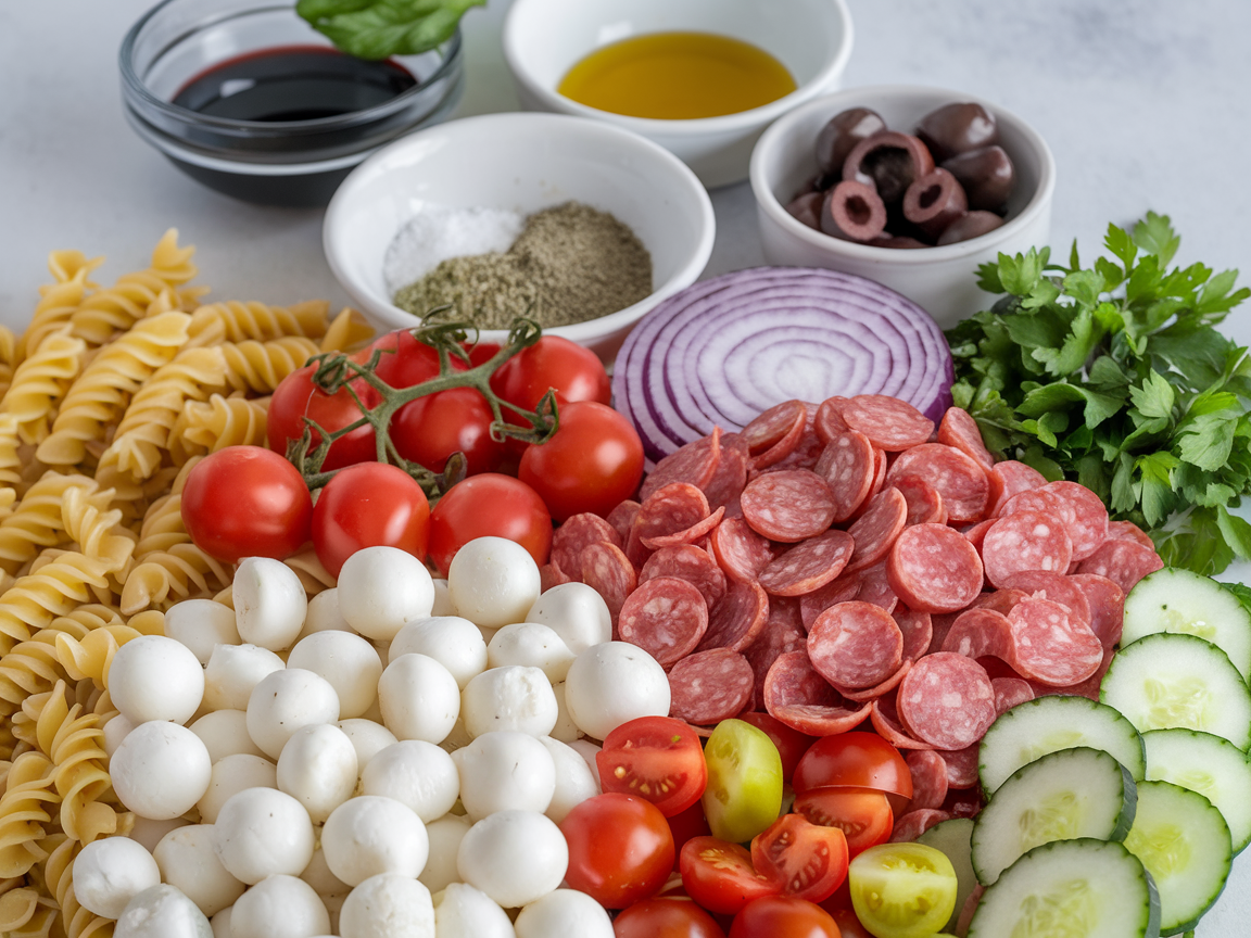 Colorful Italian pasta salad ingredients laid out including rotini pasta, fresh mozzarella pearls, diced salami, cherry tomatoes, cucumber slices, red onion, black olives, and fresh parsley with Italian vinaigrette dressing ingredients