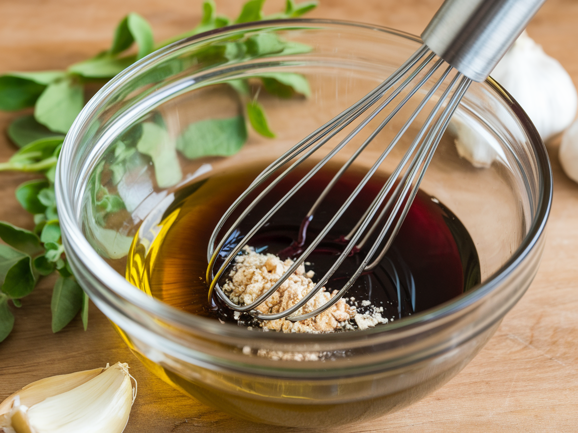 Whisk whisking together Italian vinaigrette dressing with olive oil, red wine vinegar, oregano, and garlic powder in a clear glass bowl