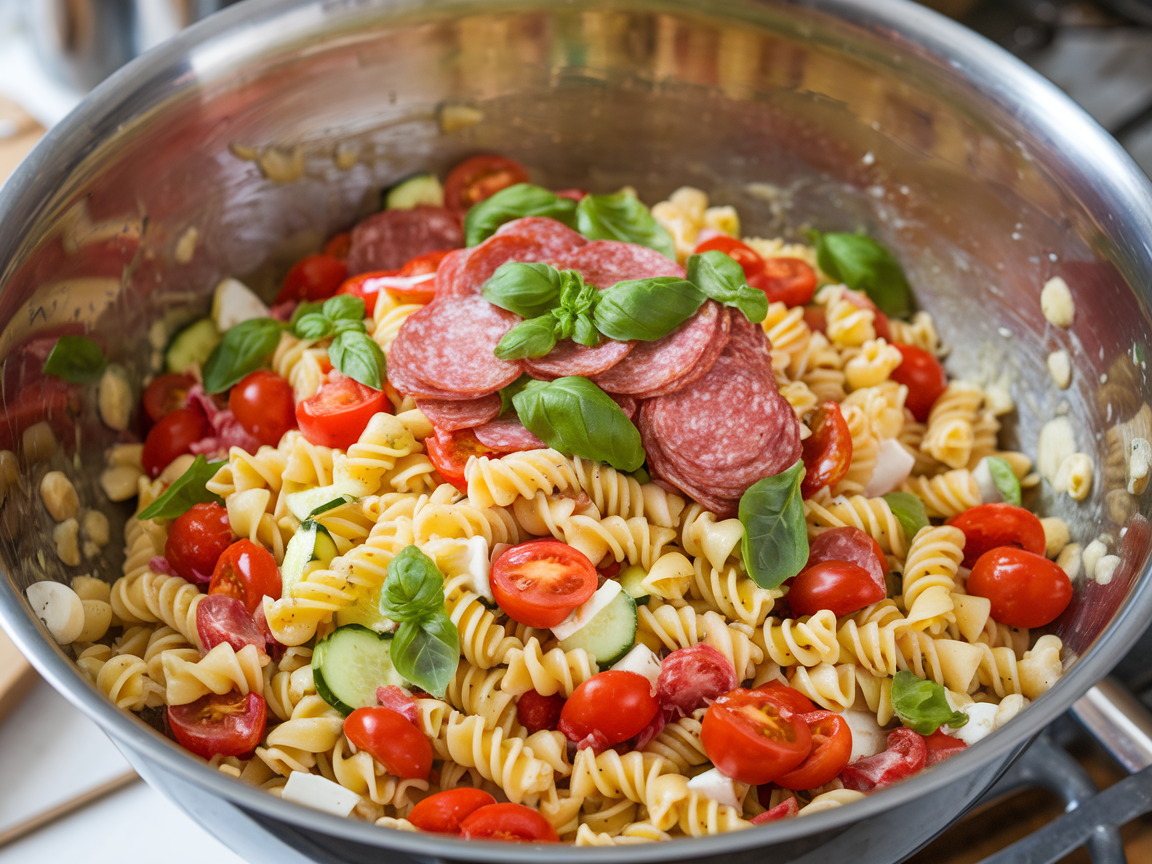 Large mixing bowl filled with completed Italian pasta salad showing rotini pasta coated in vinaigrette dressing with visible vegetables, mozzarella, and salami pieces