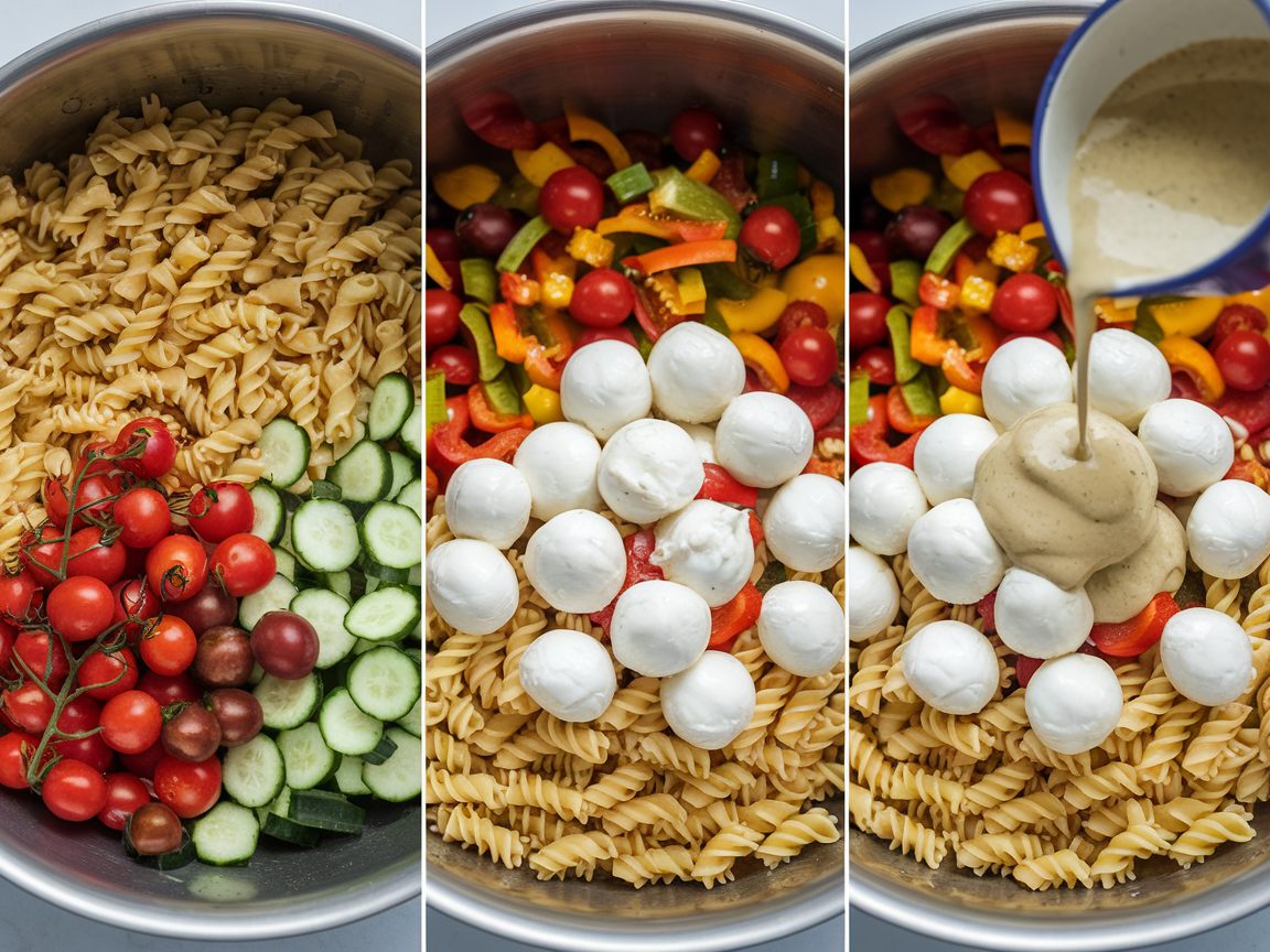 Step-by-step progression showing cooled pasta being combined with fresh vegetables and mozzarella in a large bowl before dressing