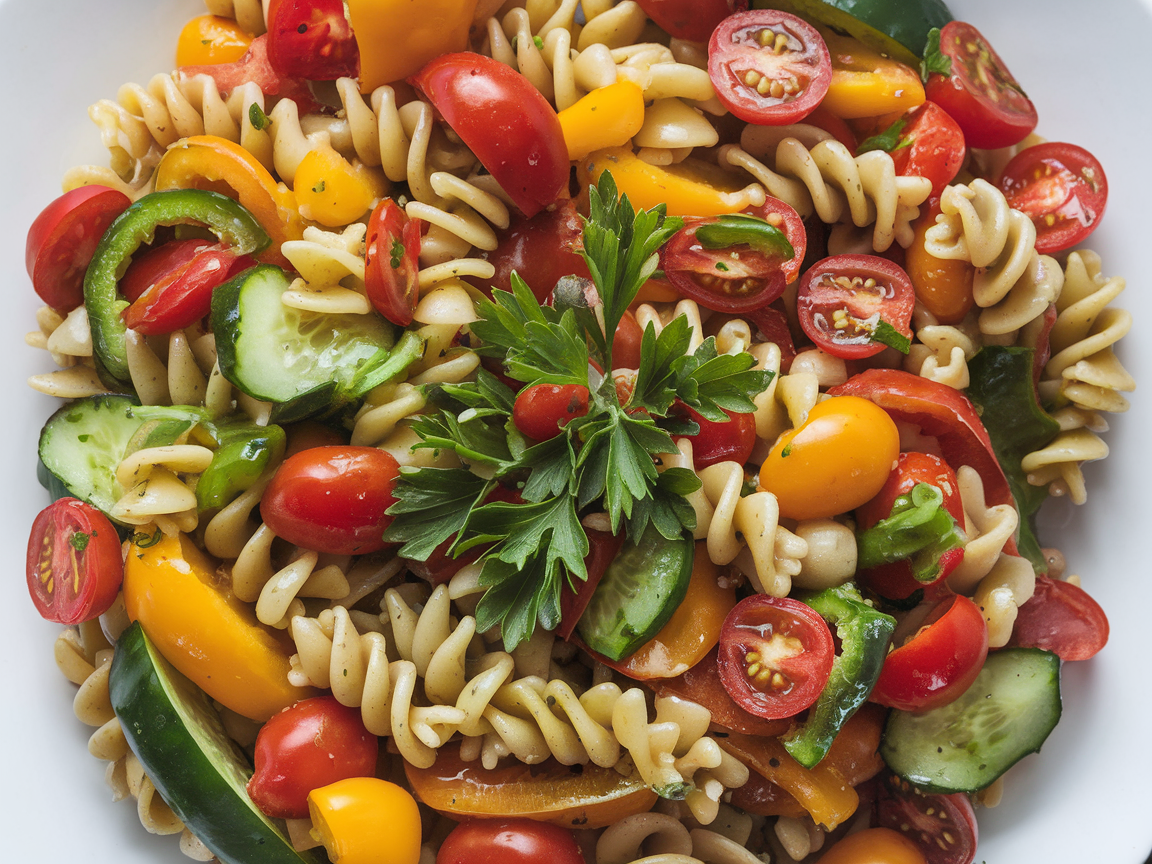 Overhead view of finished Italian pasta salad garnished with fresh parsley, showing the vibrant colors of vegetables and the glossy appearance of the Italian vinaigrette coating