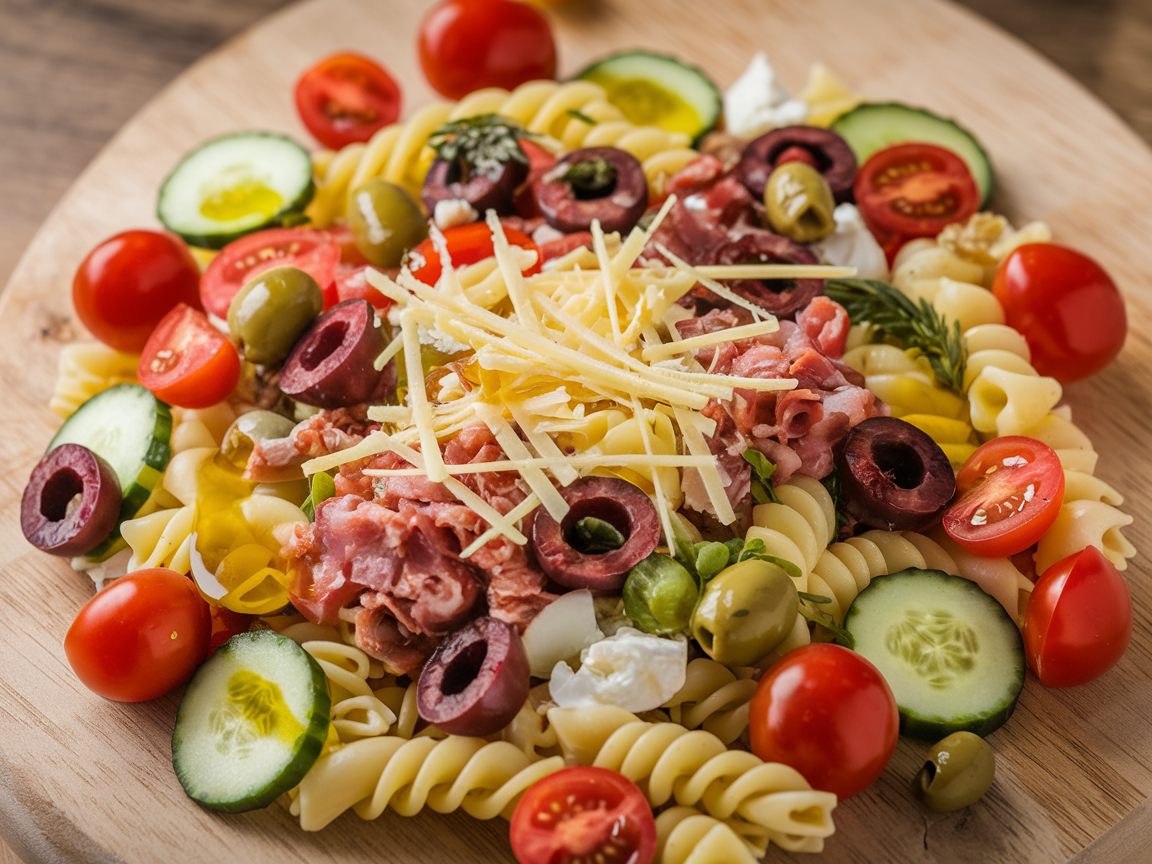 Nutritional breakdown showing the balanced macronutrient composition of Italian pasta salad with protein from cheese and meat, carbohydrates from pasta, and healthy fats from olive oil