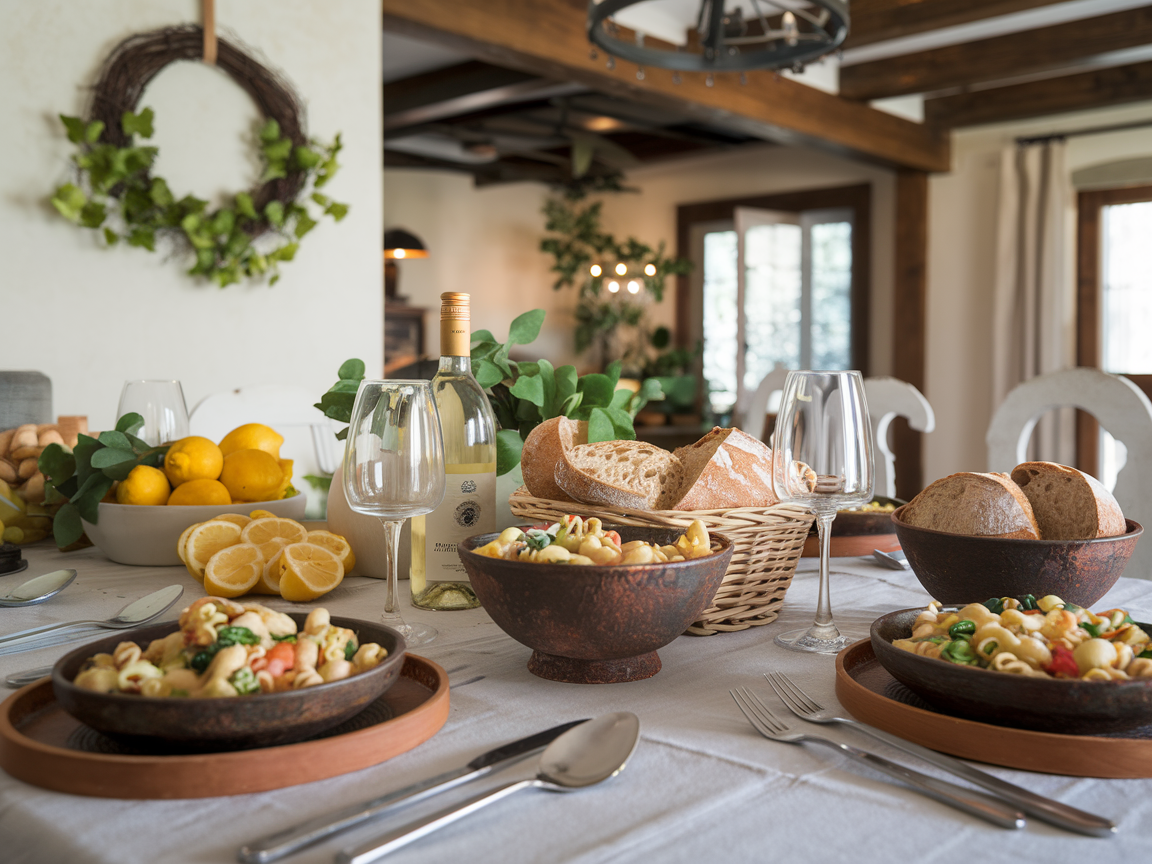 Beautiful table setting showing Italian pasta salad served in rustic bowls alongside fresh crusty bread, white wine glasses, and Mediterranean-inspired table decorations