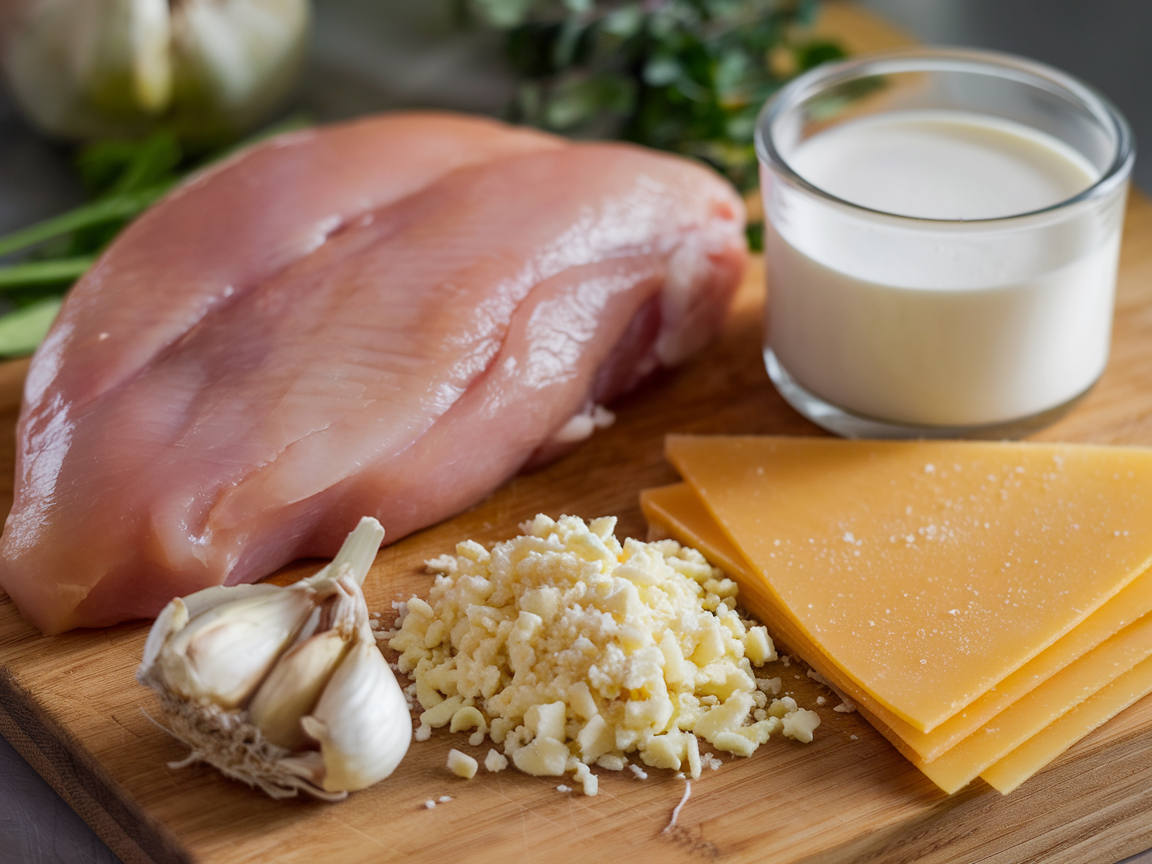 Fresh ingredients for garlic chicken pasta recipe including raw chicken breast, minced garlic, heavy cream, and Parmesan cheese arranged on wooden cutting board