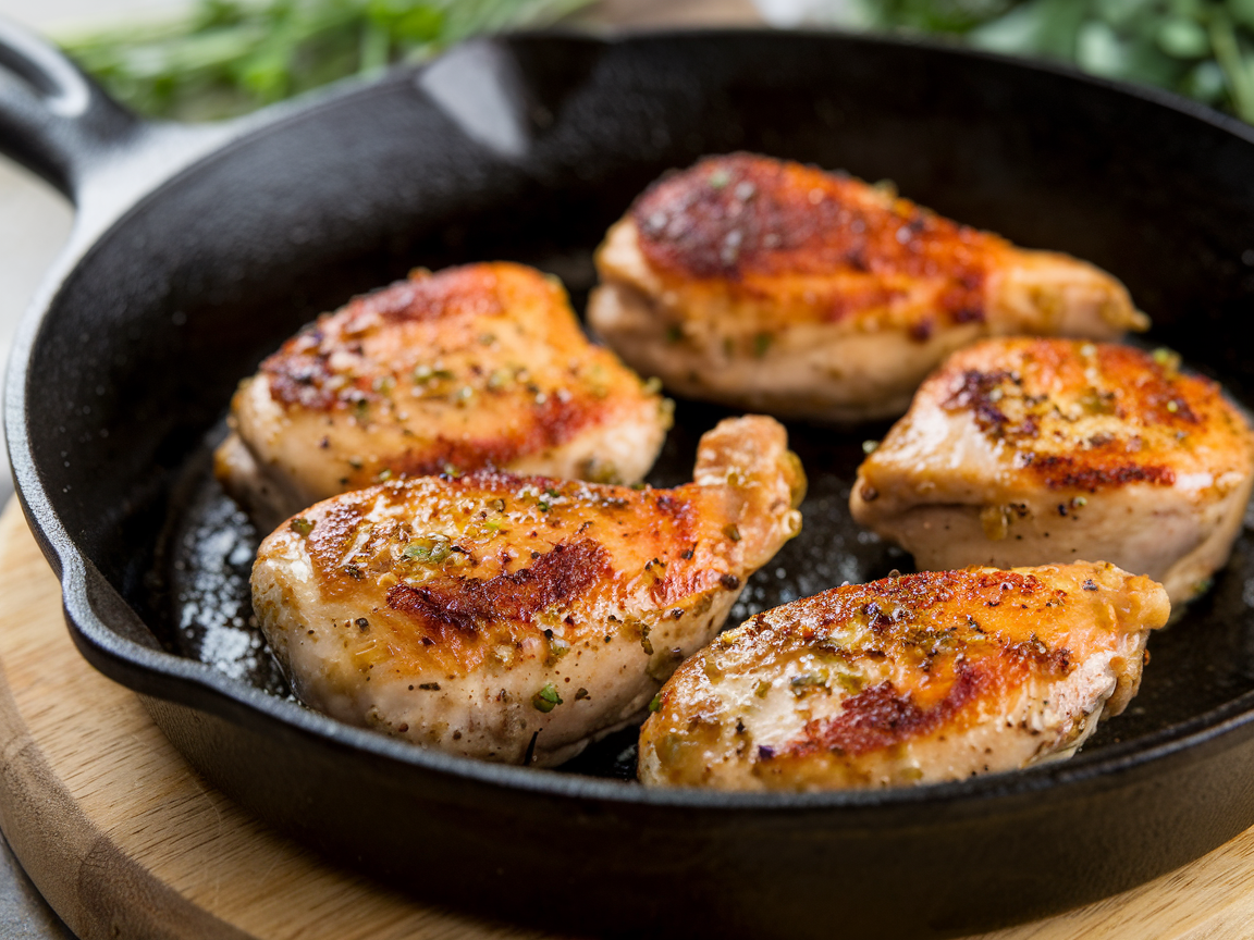 Close-up of seared chicken pieces golden brown in cast iron skillet, showing proper browning for garlic chicken dinner