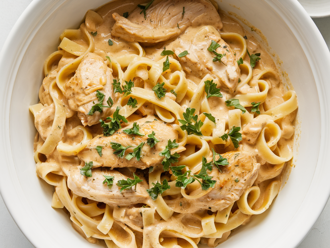 Finished garlic chicken pasta dish in white serving bowl garnished with fresh parsley, showing creamy sauce coating fettuccine noodles