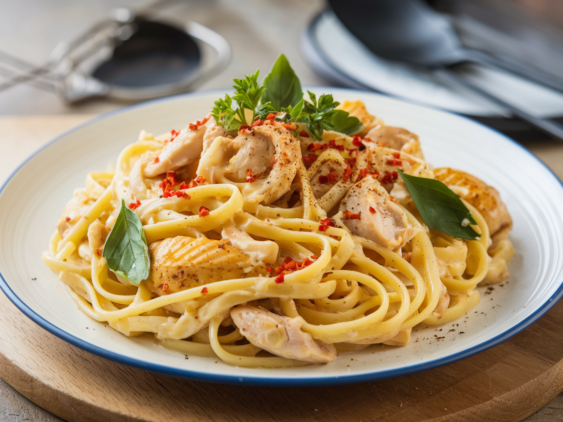 Variation version of garlic chicken pasta with red chili flakes garnished, showing fusion preparation with Aleppo pepper and fresh herbs