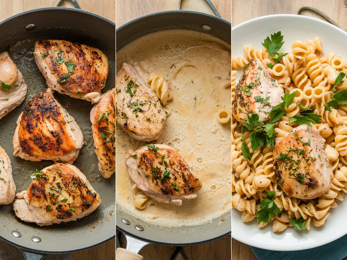 Step-by-step progression photo showing three stages: seared chicken pieces, creamy sauce in skillet, and final plated garlic chicken pasta dish
