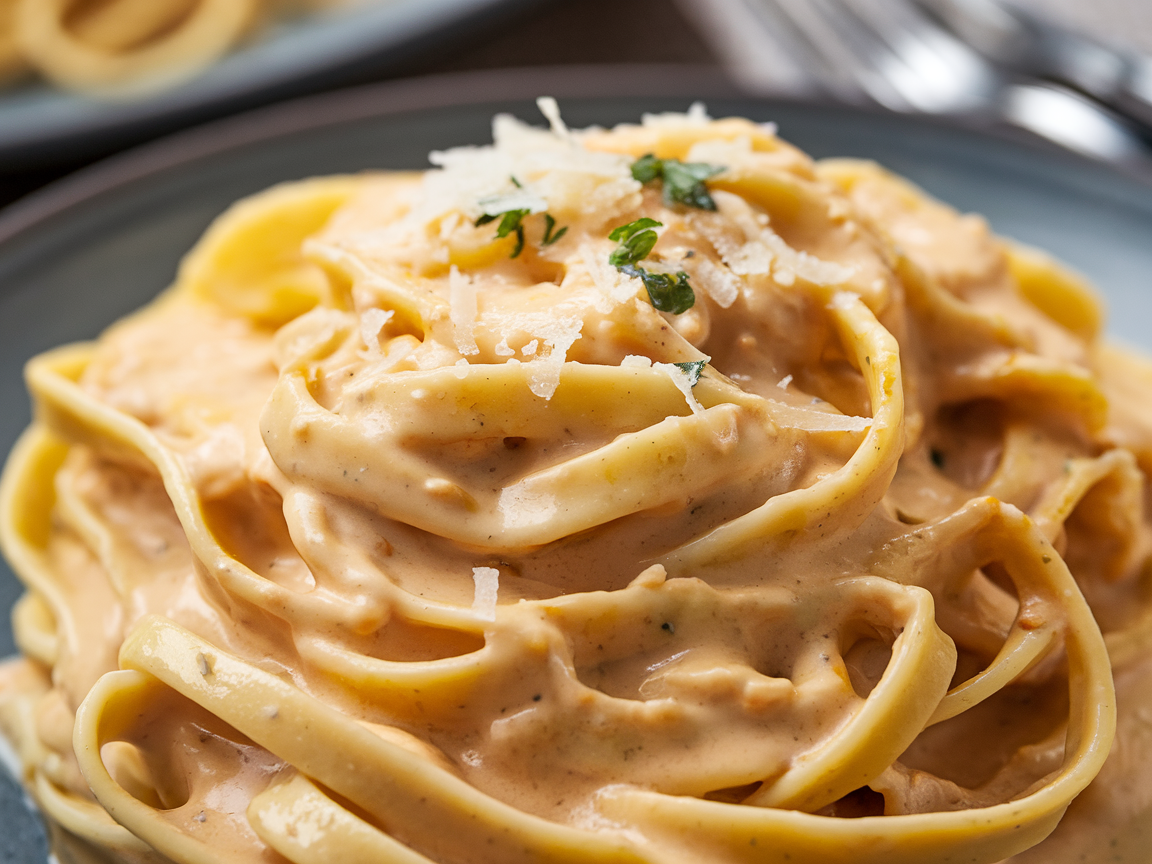 Close-up detail of creamy garlic sauce coating fettuccine noodles with melted Parmesan, showing proper sauce consistency and glossy finish
