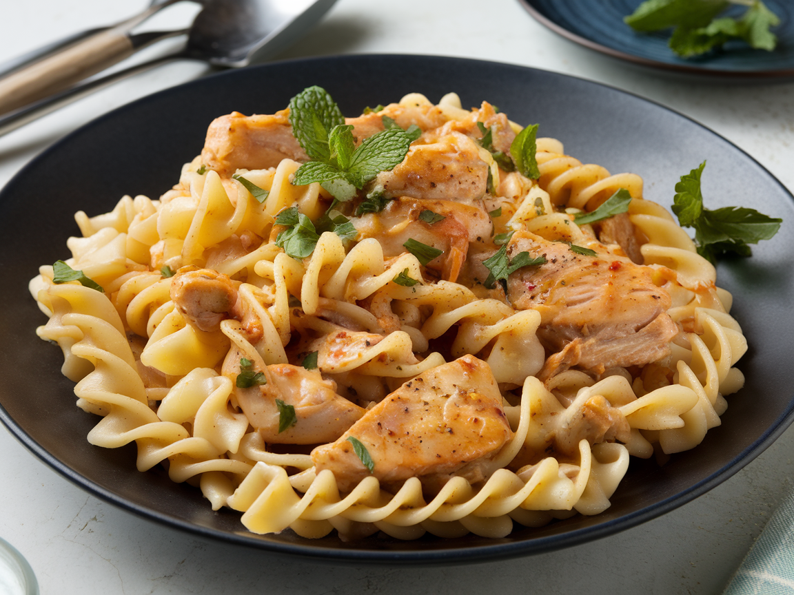 Fusion version of garlic chicken pasta with Aleppo pepper, showing colorful presentation with mint and parsley garnish on dark plate
