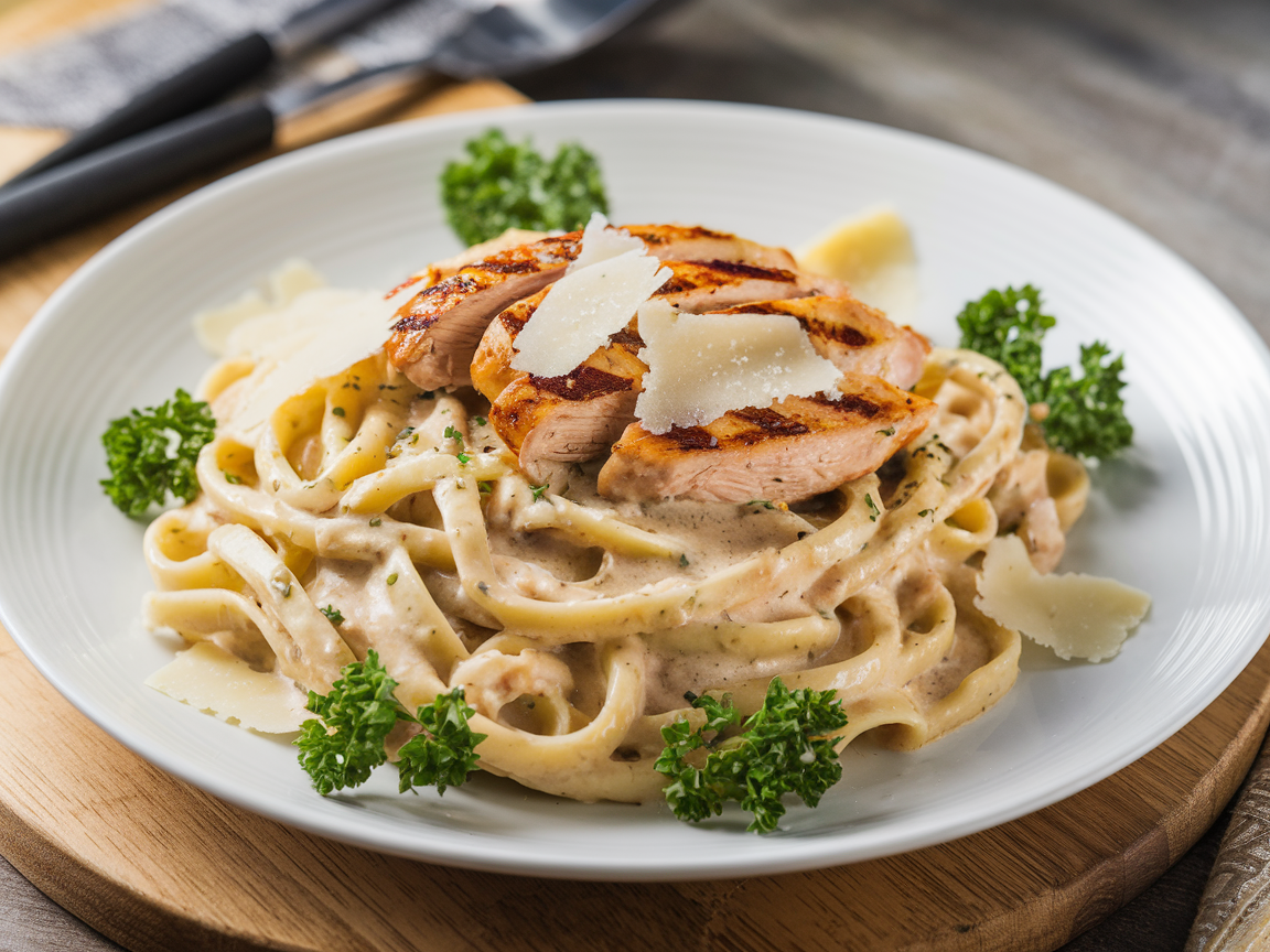 Professional plating of garlic chicken pasta showing proper garnish placement, sauce distribution, and restaurant-quality presentation on white plate with parmesan shavings