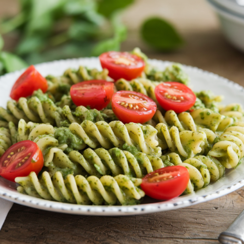 Spring pesto pasta with cherry tomatoes on a white plate showing vibrant green pesto coating fusilli pasta with red cherry tomato halves
