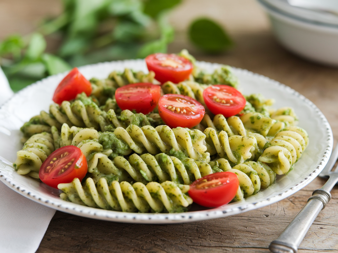 Spring pesto pasta with cherry tomatoes on a white plate showing vibrant green pesto coating fusilli pasta with red cherry tomato halves