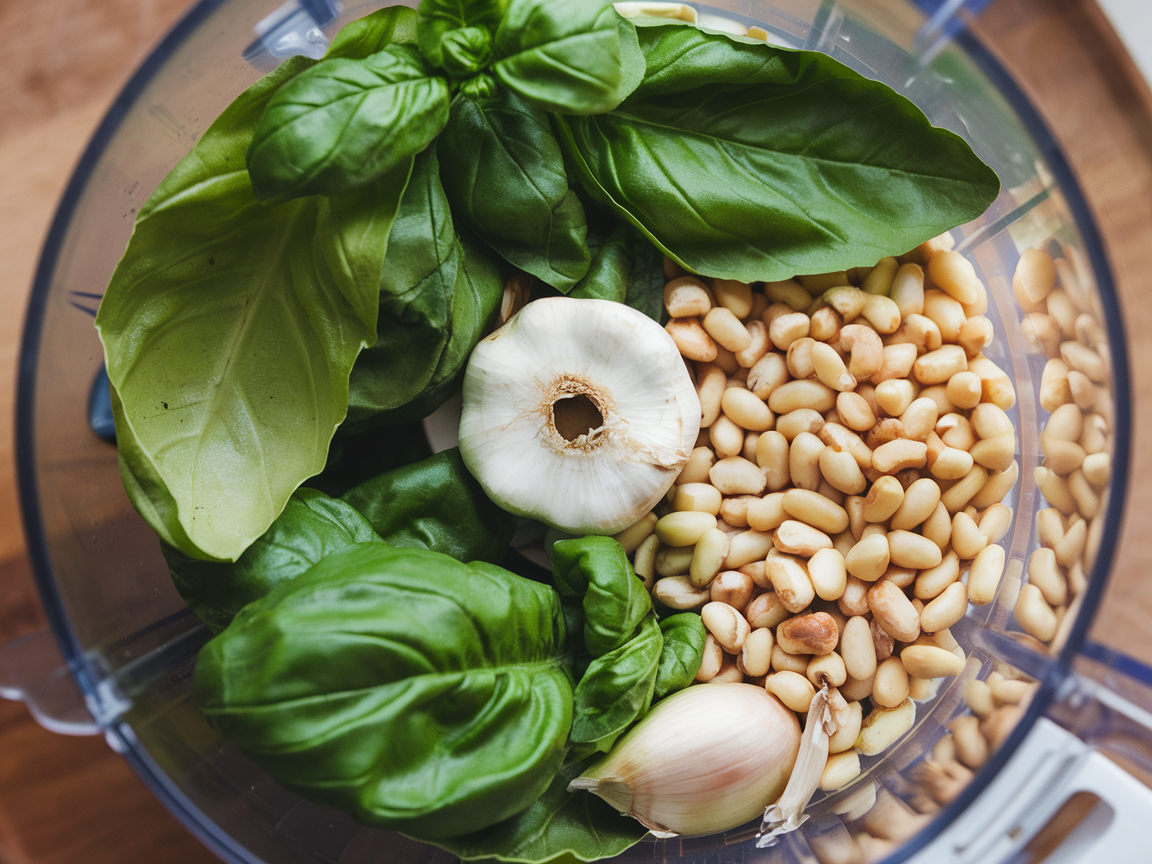 Close-up of homemade pesto sauce ingredients in a food processor showing fresh basil, pine nuts, and garlic before blending