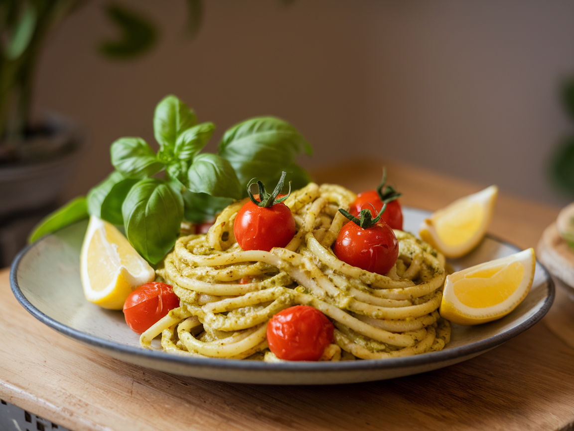 Finished spring pesto pasta with cherry tomatoes plated on a rustic wooden table with fresh basil leaves and lemon wedges as garnish