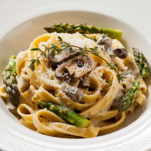 Bowl of creamy asparagus and mushroom tagliatelle garnished with fresh thyme and grated Parmesan on a white plate