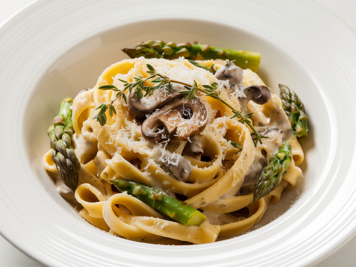 Bowl of creamy asparagus and mushroom tagliatelle garnished with fresh thyme and grated Parmesan on a white plate
