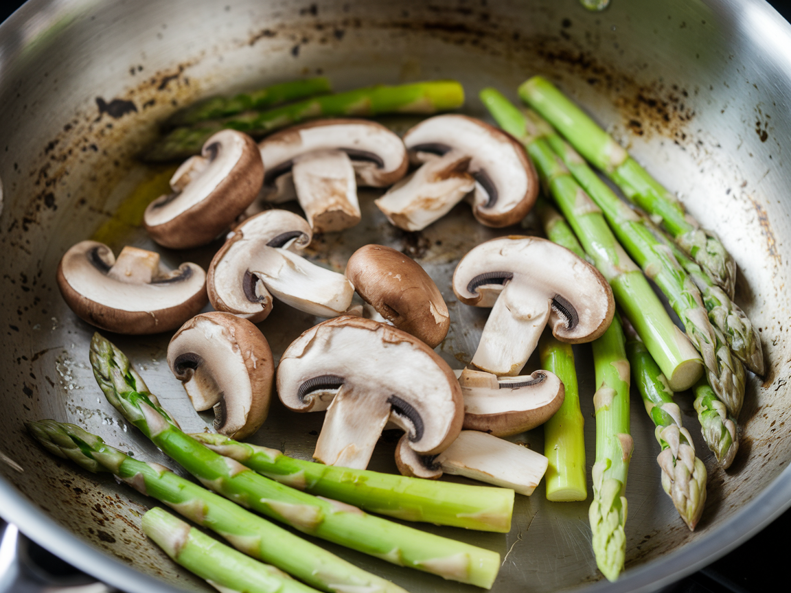 Close-up of sliced mushrooms and asparagus tips being sautéed in olive oil in a stainless steel skillet