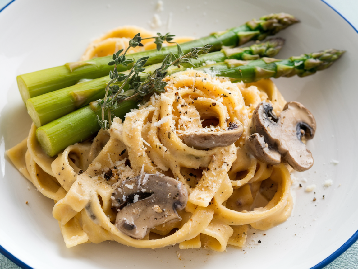 Plated asparagus and mushroom tagliatelle with creamy sauce, garnished with fresh thyme, grated Parmesan, and cracked black pepper