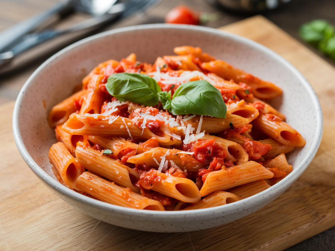Bowl of fresh penne arrabbiata with garlic, chili flakes, and crushed tomatoes in traditional Roman pasta style