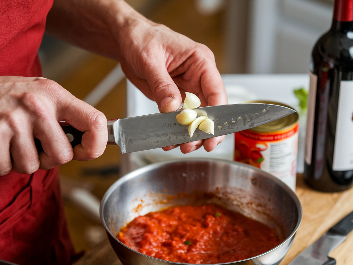 Close-up of hand mincing fresh garlic cloves for authentic arrabbiata sauce preparation