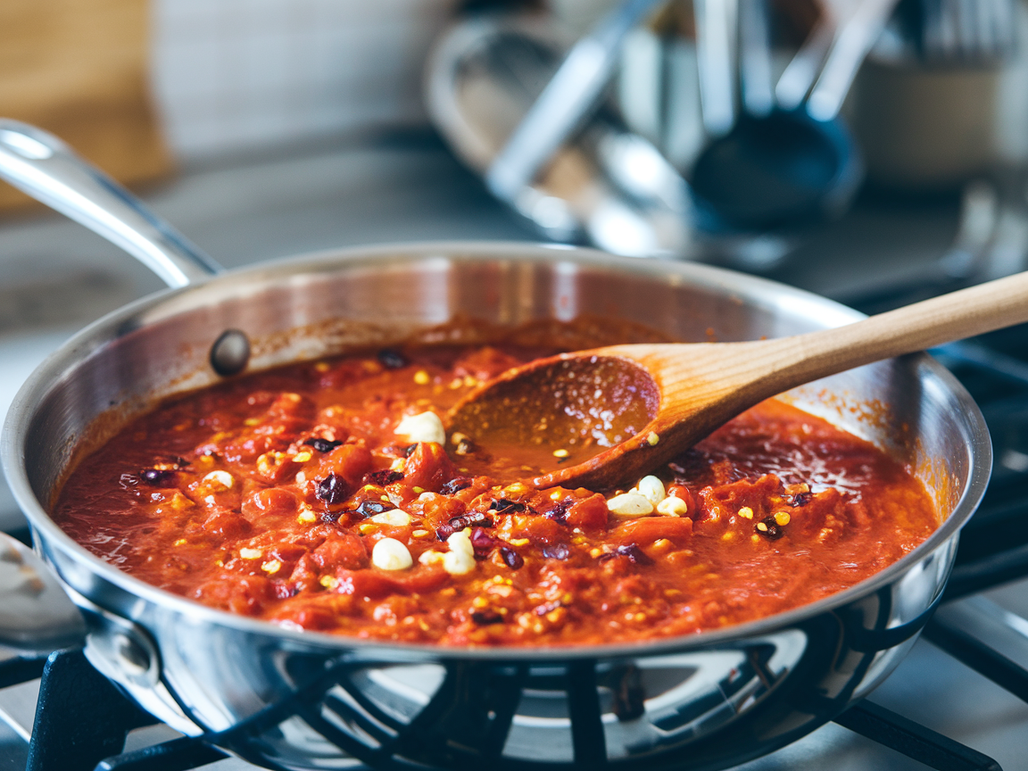 Simmering sauce with crushed tomatoes, garlic, and chili flakes in a stainless steel skillet showing proper bubble consistency