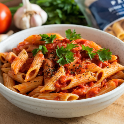 Finished penne arrabbiata dish in a white ceramic bowl topped with fresh parsley and cracked black pepper