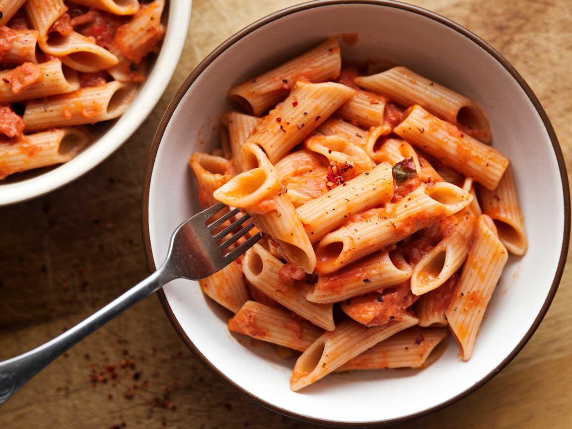 Overhead view of two bowls of penne arrabbiata with fork, showing proper al dente texture and sauce distribution