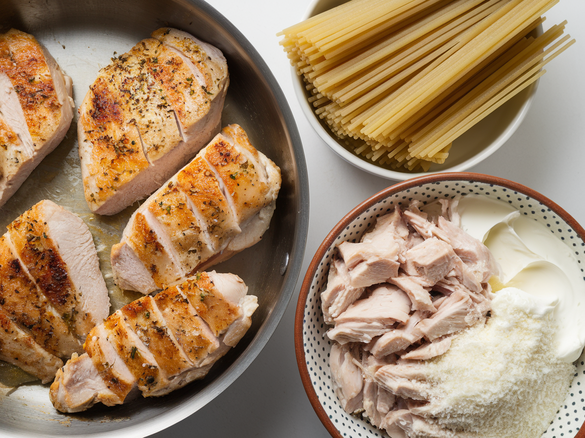 Golden-seared chicken breast slices alongside fresh fettuccine pasta and chicken alfredo pasta ingredients