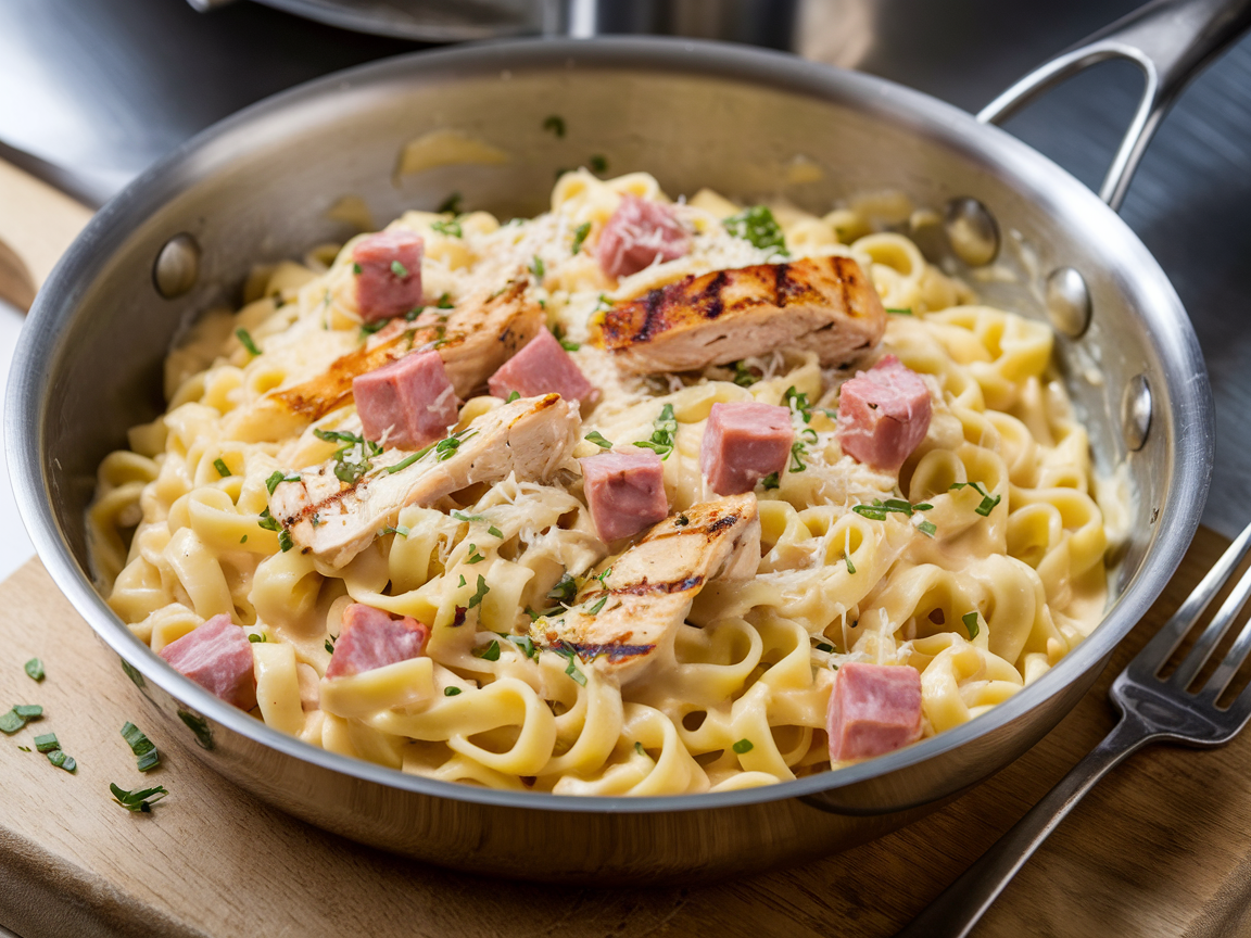 Creamy parmesan sauce coating fettuccine alfredo noodles in a stainless steel skillet