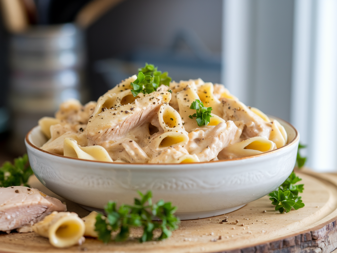 Finished chicken alfredo pasta dish in a white ceramic bowl garnished with cracked black pepper and fresh parsley