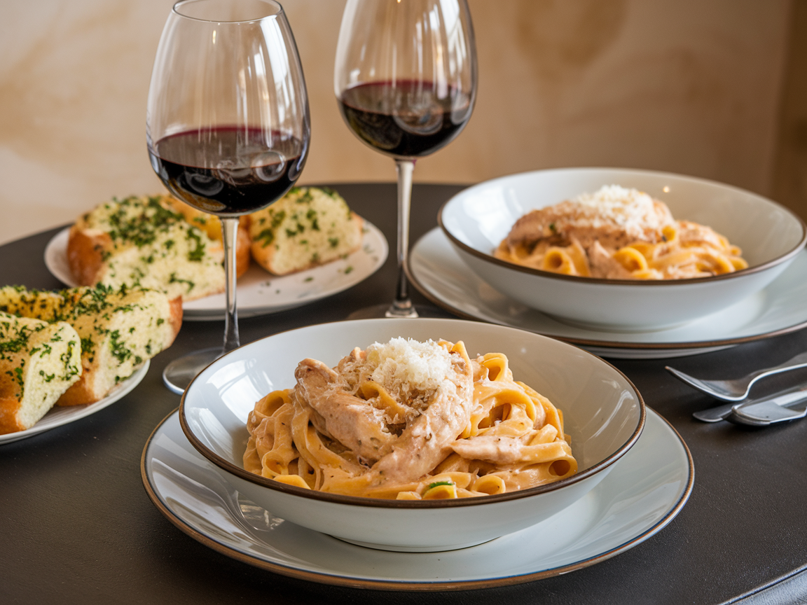 Two bowls of chicken alfredo pasta with wine glasses and garlic bread on a dining table