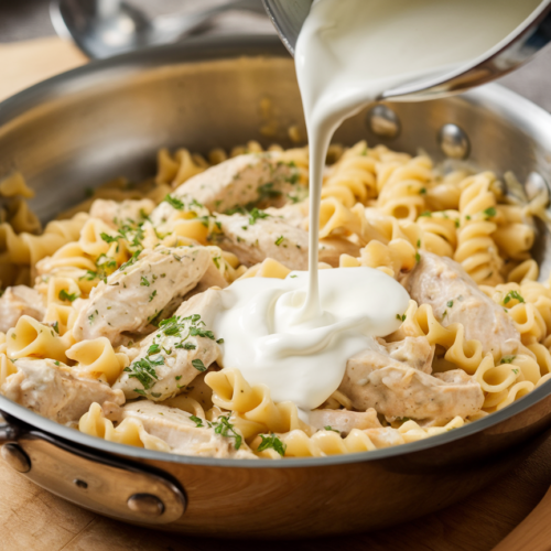 Leftover chicken alfredo pasta being reheated in a stainless steel skillet with fresh cream being added