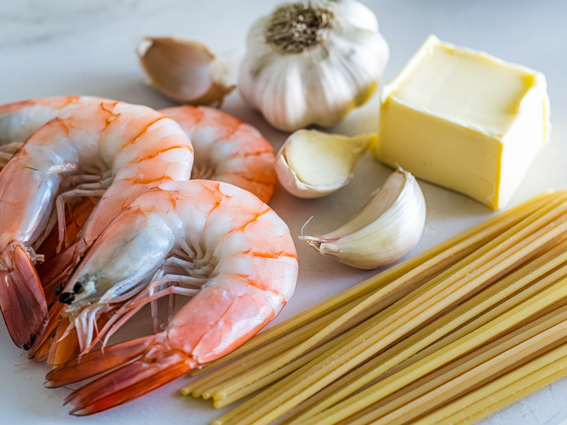 Fresh uncooked shrimp scampi pasta ingredients including raw shrimp, garlic cloves, butter, and linguine