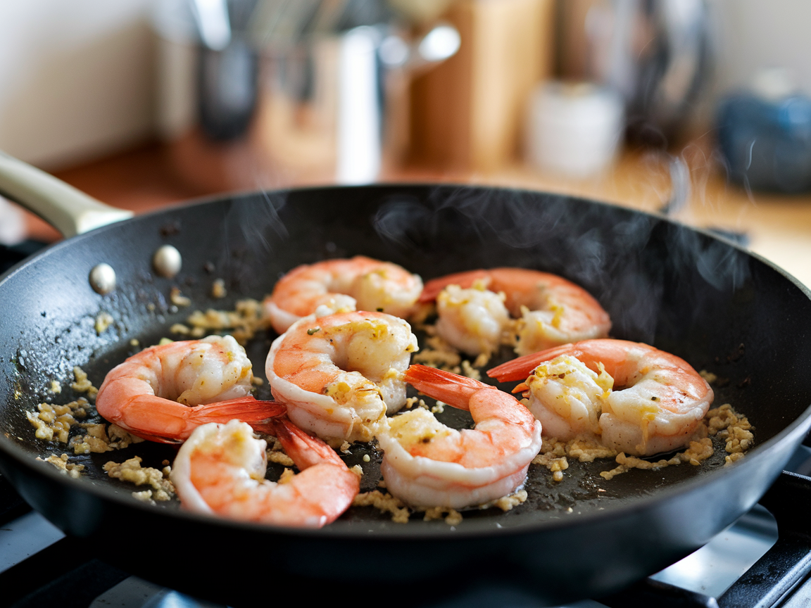 Pan-seared shrimp in garlic butter sauce sizzling in skillet with minced garlic