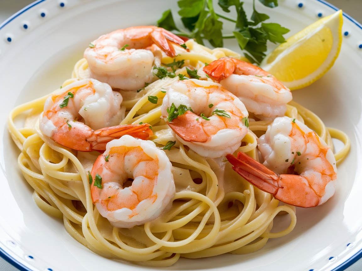 Finished shrimp scampi pasta plated with fresh parsley garnish and lemon wedge