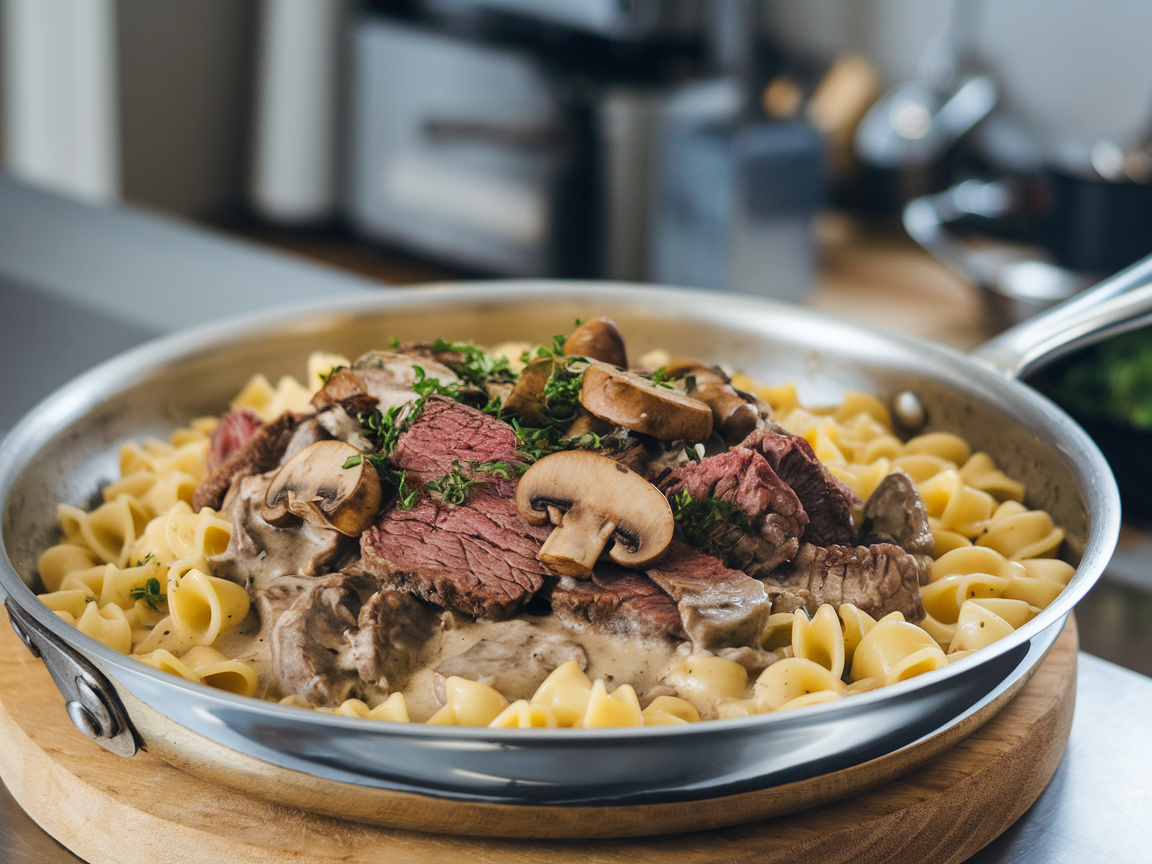 Golden-brown seared beef stroganoff pasta with mushrooms and creamy sauce in a stainless steel skillet
