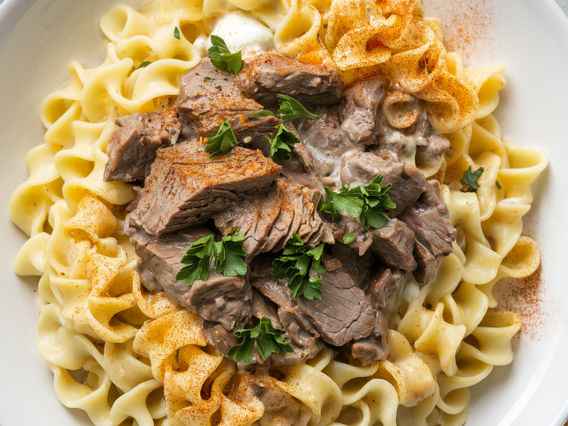 Finished beef stroganoff pasta dish plated with egg noodles and garnished with fresh parsley