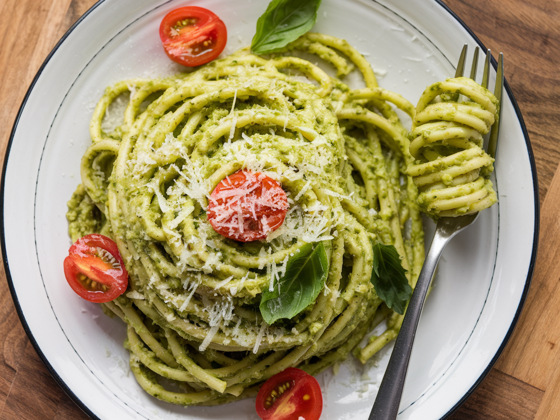 Fresh green pesto pasta topped with grated Parmesan cheese on a white plate