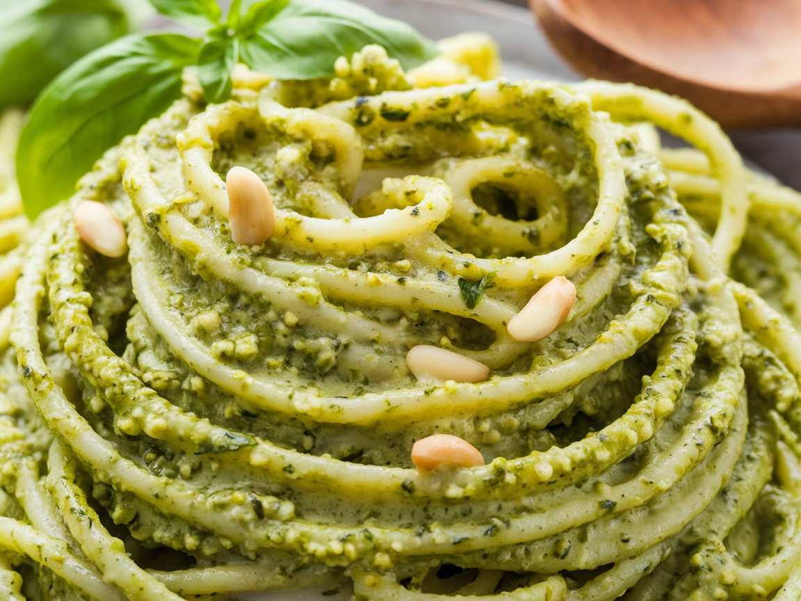 Close-up of pesto pasta sauce coating fresh pasta strands with vibrant green color