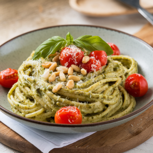 Overhead view of finished pesto pasta dish in serving bowl surrounded by fresh basil leaves and grated Parmesan