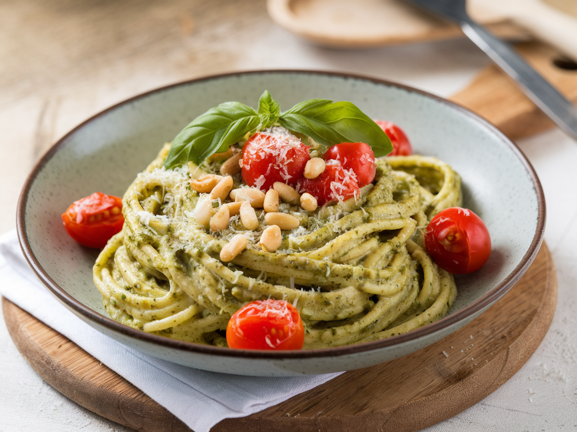Overhead view of finished pesto pasta dish in serving bowl surrounded by fresh basil leaves and grated Parmesan