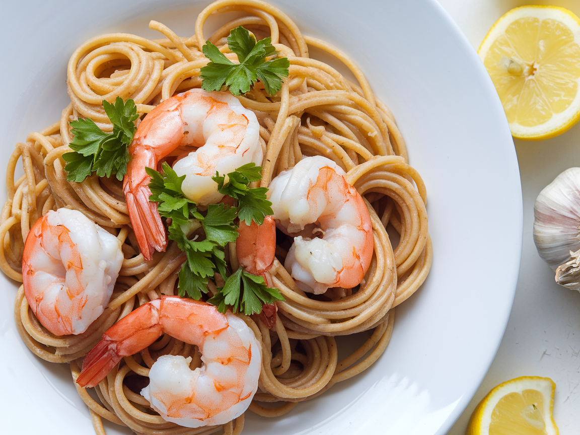 Fresh lemon garlic shrimp pasta with whole wheat spaghetti garnished with bright green parsley on a white plate