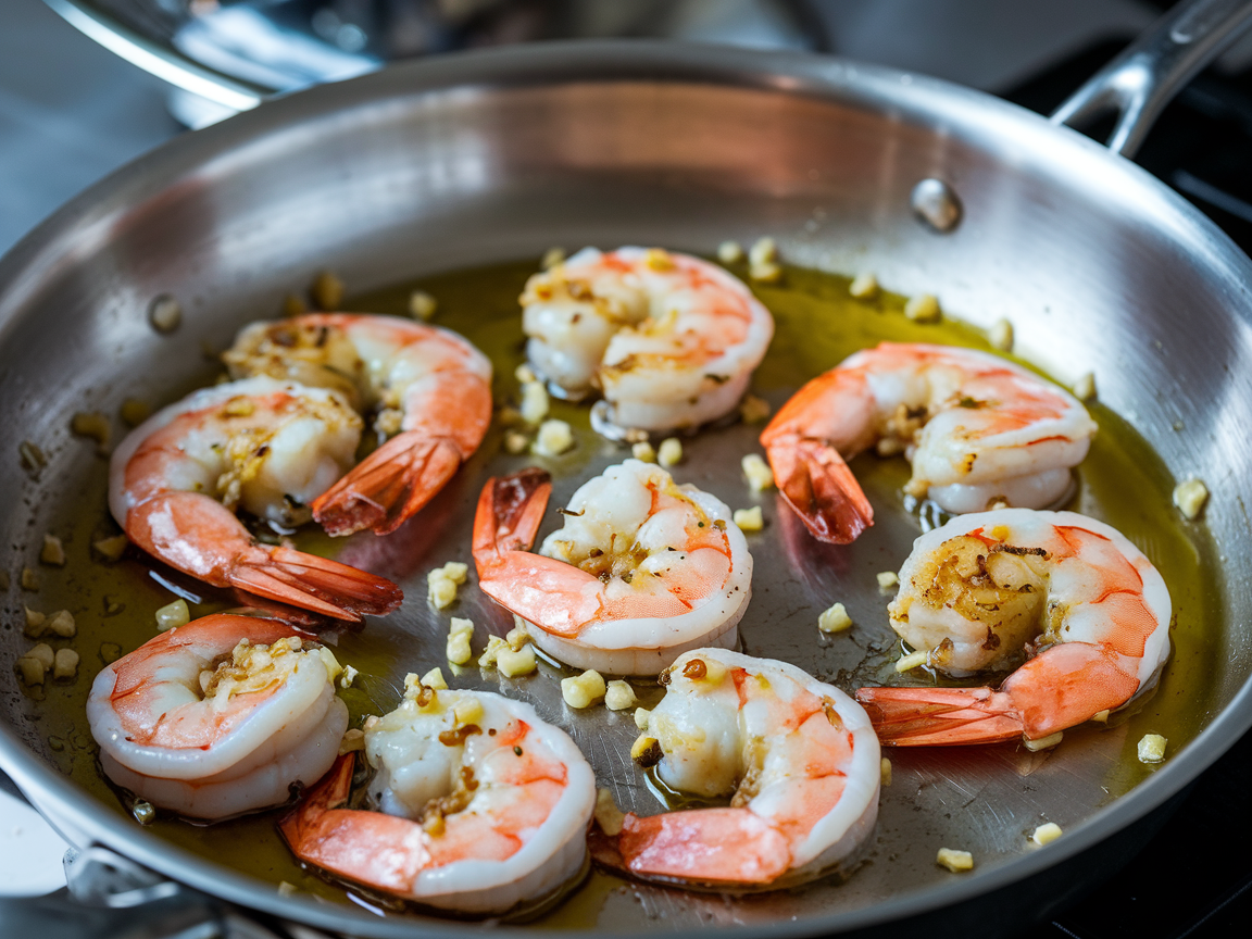 Close-up of pan-seared shrimp in olive oil with minced garlic in a stainless steel skillet