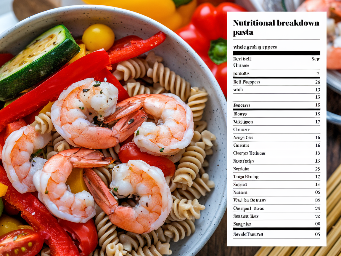 Nutritional breakdown visual showing protein-rich shrimp and whole grain pasta composition